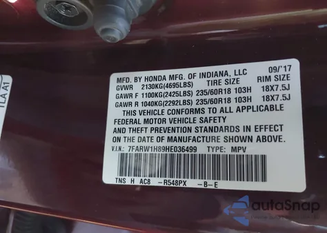 2017 Honda Cr-V Ex-L/Ex-L Navi from USA, damaged, VIN 7FARW1H89HE036499